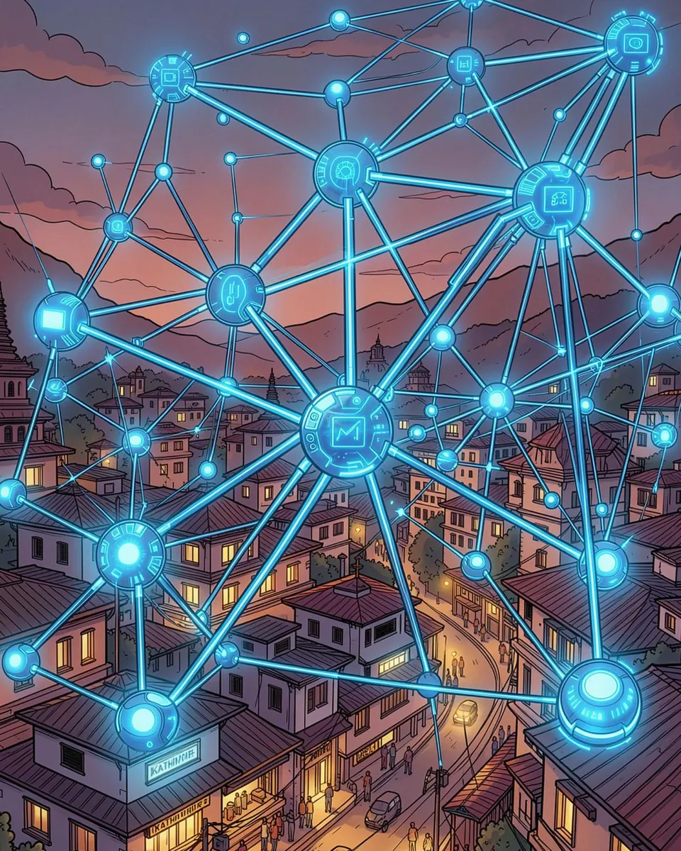 Illustration of a glowing AI agent network above a Kathmandu neighbourhood